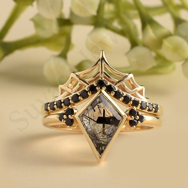 Black Rutile Kite Ring Set: Sterling Silver Spider Web Gothic Jewelry
