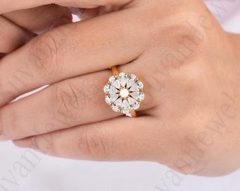 Anillo de flor chapado en oro de 14 k: anillo de aniversario de plata de ley con diamantes y circonitas cúbicas