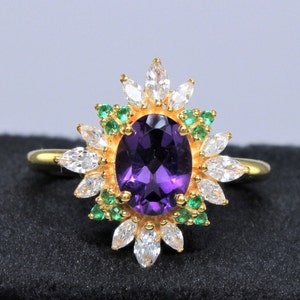 Oval Amethyst Engagement Ring, Sterling Silver 14K Gold Plated Ring, Purple  Gemstone Ring,Amethyst  Anniversary Ring, Proposal Ring,