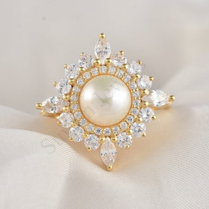 Pearl Halo Engagement Ring: Yellow Gold Plated Sterling Silver