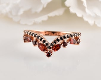 Garnet Curved Wedding Band: Sterling Silver Marquise Stack Ring