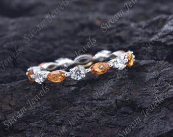 Anillo de diamantes, topacio citrino: alianza de boda de plata de ley.