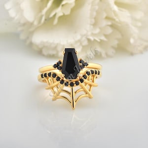 Natural Black onyx Coffin Shape Spider Web Ring Set  Gold Spider Gothic Ring Halloween Ring Spider Jewelry halloween unique gift ring