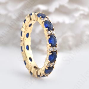 Blue Sapphire Band Full Eternity Wedding Dainty Band Anniversary Gift 925 Sterling Silver Jewelry  Matching Band  Promise Ring for her