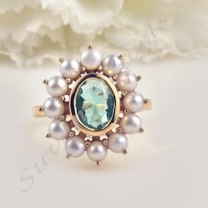 Blue Topaz and Natural Pearl Engagement Ring Anniversary Gift Pearl Ring Birthday GiftTopaz Halo Ring Silver Blue Topaz ring