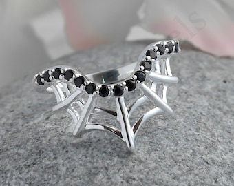 Spider Web Sterling Silver Ring with Black Onyx: Gothic Wedding Band