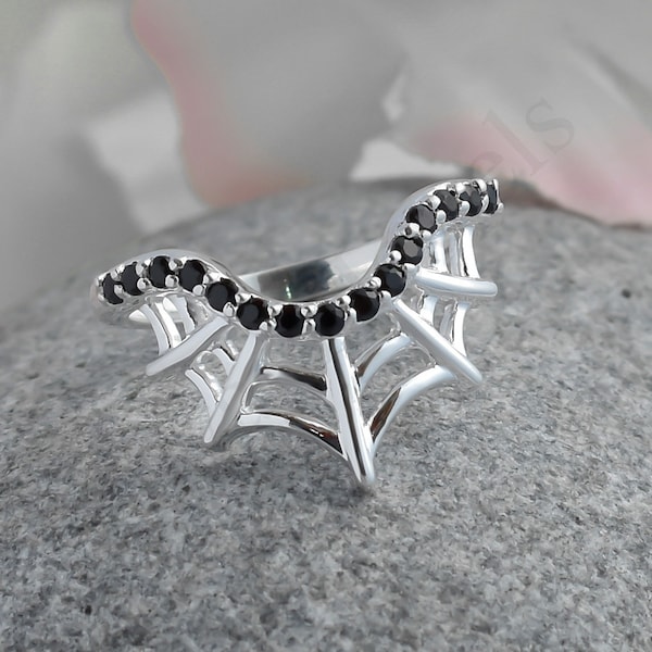 Spider Web Sterling Silver Ring with Black Onyx: Gothic Wedding Band