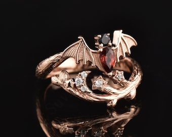 Sterling Silber Fledermaus Ring Mond Stern verstellbar Fledermaus Ring Punk Gothic Halloween Schmuck Fledermaus Flügel Unisex Halloween Geschenk Frau Ring Geburtstagsgeschenk