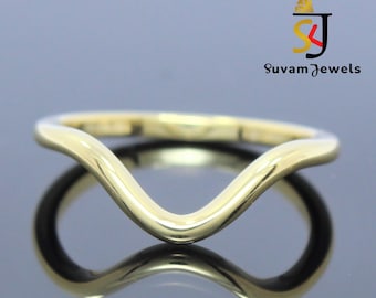 14k Solid Gold Curved Wedding Band: Sterling Silver Contour Stack Ring