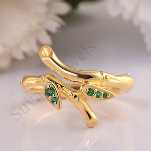 Sterling Silver Bamboo Ring with Green Cubic Zirconia
