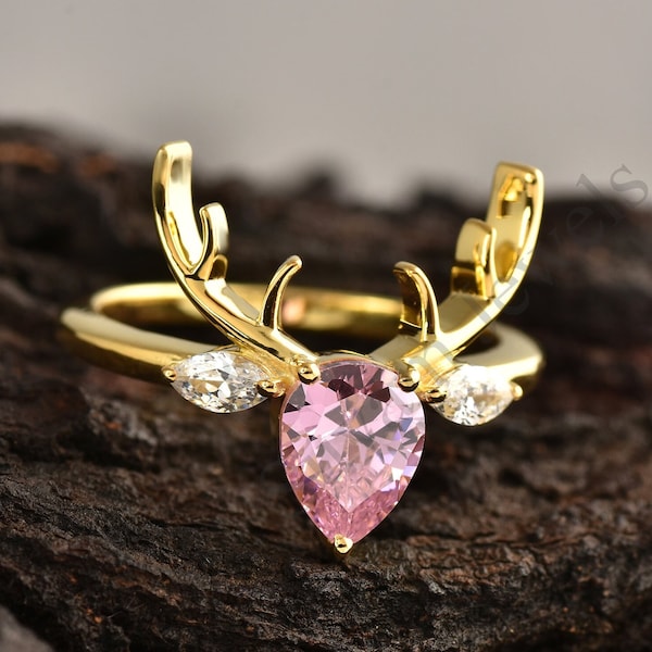 Bague bois de cerf en argent 925, bague délicate saphir rose poire, bague nature, bijoux bohèmes bois de cerf, bijoux femme cerf, bague animal, cadeau pour elle