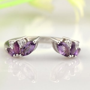 925 sterling silver Open Ring Vintage Stacking Marquise Cut Amethyst Curved Chevron Handmade Thin Matching Bridal Promise Gift