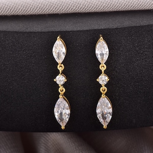 Marquise CZ Drop Earrings, Sterling Silver, 18k Gold Plated, Minimalist Wedding Jewelry