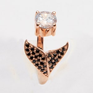 Handmade Sterling Silver Dolphin Tail Ring: Rose Gold Zircon & Onyx