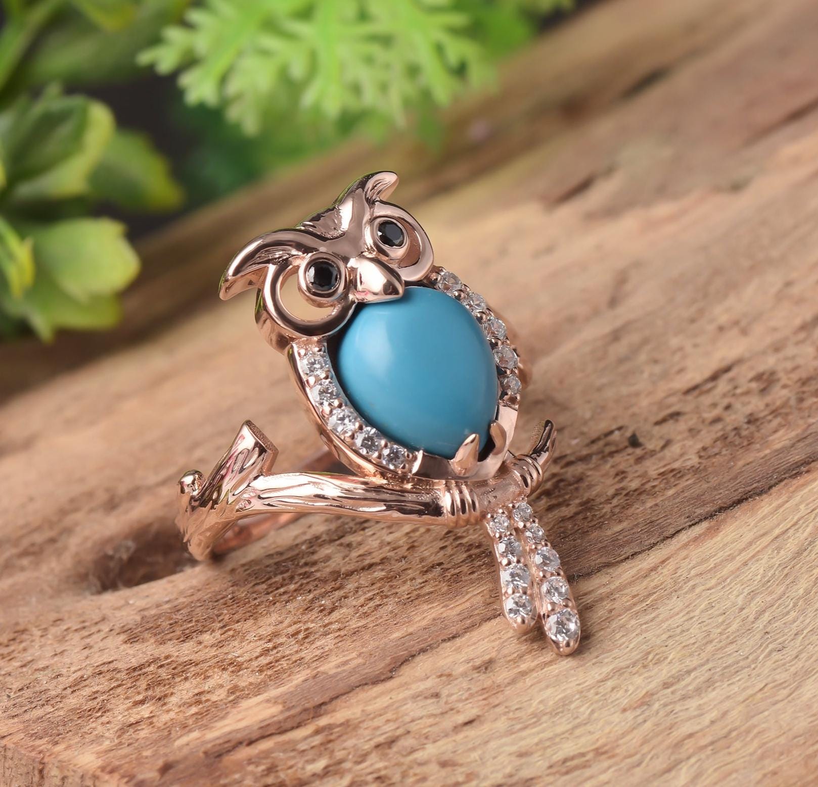 Gold Plated Sterling Silver Owl Ring: Turquoise & Zircon