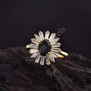 Oval Black Onyx Engagement Ring: 14K Gold Plated Sterling Silver Art Deco Baguette Ring