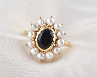 Bague de fiançailles en onyx noir naturel et perle naturelle, cadeau d'anniversaire de naissance, bague en perles, cadeau d'anniversaire, bague halo en onyx noir, bague en argent et onyx noir