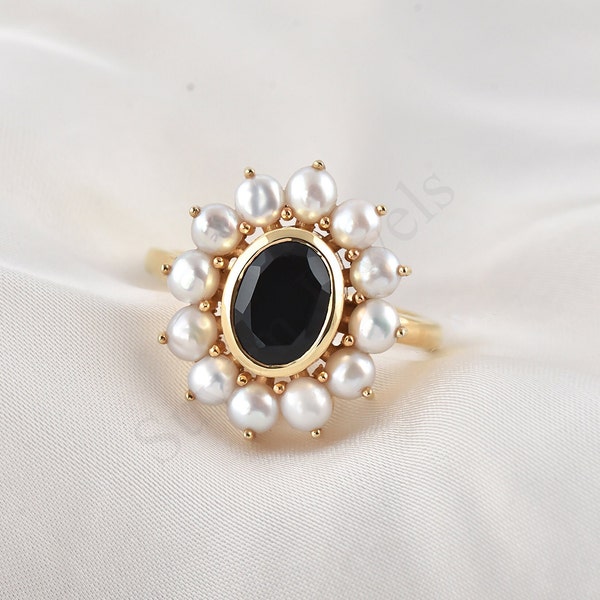 Bague de fiançailles en onyx noir naturel et perle naturelle, cadeau d'anniversaire de naissance, bague en perles, cadeau d'anniversaire, bague halo en onyx noir, bague en argent et onyx noir