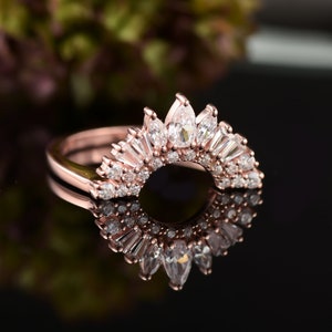 Curved Wedding Band, Women Vintage rose gold Diamond Wedding Band Unique pear Shaped Bridal Stacking Ring curved baguette ring gift for wife