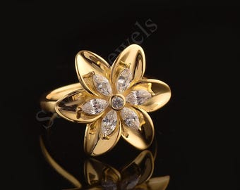 14k Gold Plated Sterling Silver Flower Ring: Cubic Zirconia Plumeria