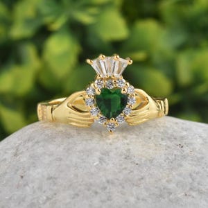 Gold Plated Sterling Silver Claddagh Ring: Emerald Heart, Irish Crown