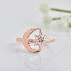 14K Gold plated Moon And Star Ring Sterling Silver Moon Ring Stackable Ring womens Moon and Star Ring Gift For Hem