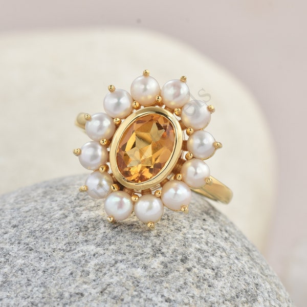 Bague de perle de citrine de Madère naturelle, bague de fiançailles, bague de naissance de novembre, bague de perle de citrine en argent sterling Meilleurs cadeaux Bague pour femme