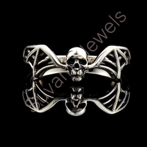 Sterlingzilveren schedel vleermuisring, spinnenwebring, Halloween-sieraden