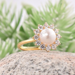 Pearl and CZ Diamond Halo Ring Engagement Ring Promise Ring Bridal Ring Everyday Ring Anniversary Ring Silver Gold Plated Ring Women ring