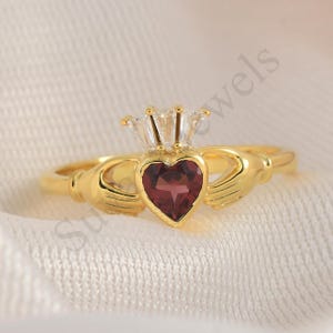 Garnet Heart Claddagh Ring: Sterling Silver Promise Ring