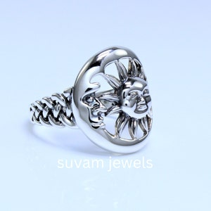 Art Deco Sterling Silver Sun And Moon Ring Celestial Ring, Art Jewelry Celtic knots Ring Moon And Sun Face Ring Triquetra Ring Silver  ring