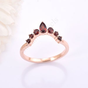 Vintage Gold Garnet Engagement Ring For Women Natural Garnet Pear shaped Silver Ring  Curved Women Ring  Women Matching Ring Gift For Her