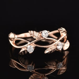 Rose Gold Leaf Ring: Sterling Silver Twig Band, Cubic Zirconia