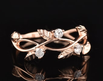 Rose Gold Leaf Ring: Sterling Silver Twig Band, Cubic Zirconia