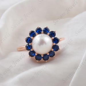 Pearl and Blue Sapphire Ring: Gold Plated Sterling Silver Promise Ring