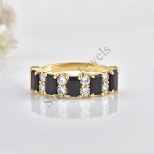 Black Onyx Silver Wedding Band Vintage Baguette Moissanite Stackable Ring Matching 14k Gold Plated Promise Ring Black Dainty Wedding Band