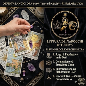 Può includere: Una collezione di carte dei tarocchi tra cui The Lovers, The Sun e The Star, accompagnate da pendoli in cristallo viola. L'immagine presenta testo in italiano che descrive un servizio di lettura dei tarocchi, inclusi i passaggi di selezione e PDF.
