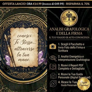 Può includere: Un grafico digitale per servizi di analisi grafologica e della firma con una penna stilografica dorata su carta pergamena con il testo "conosci Te Stesso... attraverso la tua mano." Il design include motivi celesti, cristalli e un elenco di passaggi.
