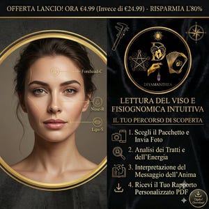 May include: A digital graphic featuring a face with lines pointing to the forehead, nose, and lips labeled Forehead-C, Nose-R, and Lips-S. The right side displays a gold circular logo with the text DIYAMANTHEA and Italian text detailing a face reading service.