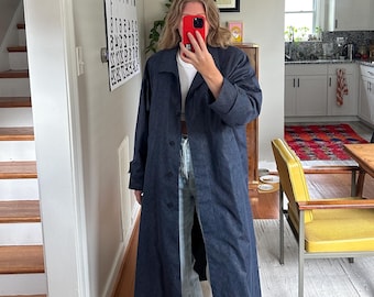 Vintage Navy Blue Floral Trench Coat: Oversized 80s Style