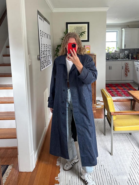 Vintage Navy Blue Floral Trench Coat: Oversized 80s Style - Etsy