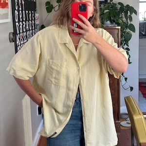 Vintage Oversized yellow short sleeve button down, silk Button Down, butter yellow shirt, oversized yellow short sleeve shirt