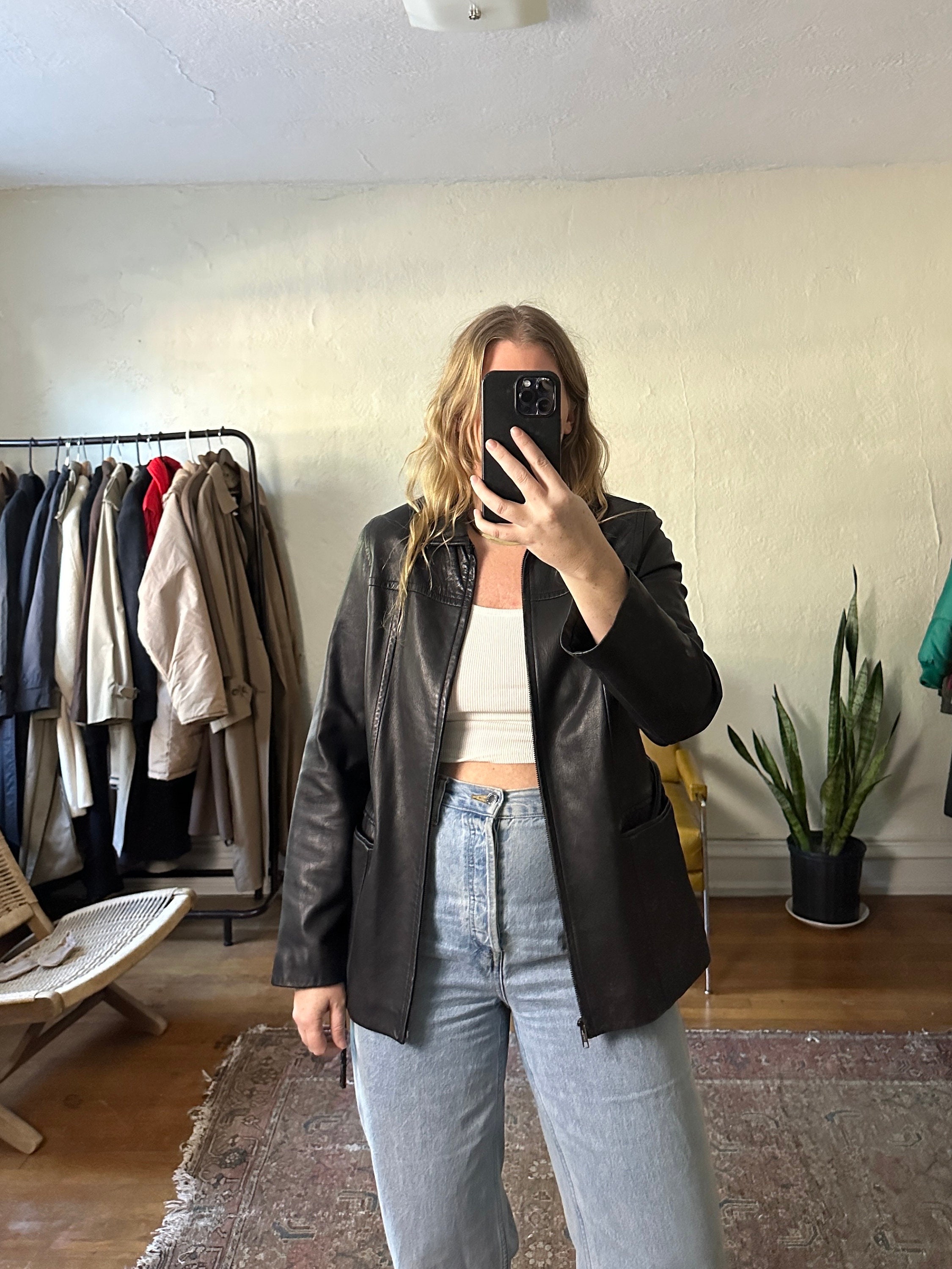 Vintage Black Leather Jacket With Belt: 90s Moto Style - Etsy