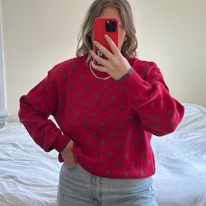 Vintage donkerrode trui met patroon, oversized rode trui, trui met rood patroon, vintage kleding, rode trui