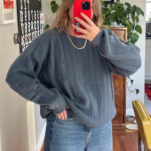 Vintage Izod Windowpane Cotton Sweater: Pale Blue Oversized Pullover