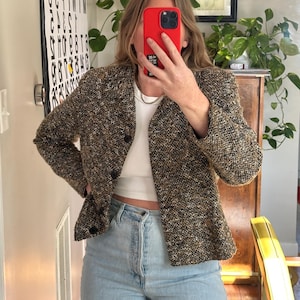 Vintage Brown Tweed Cropped Jacket: Chanel-Inspired Boxy Fit