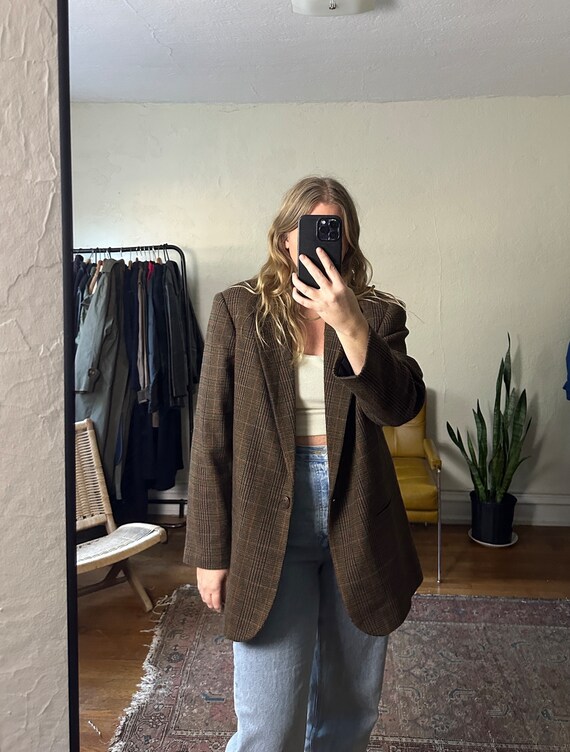 Vintage plaid wool Blazer, brown dad blazer, Over… - image 5