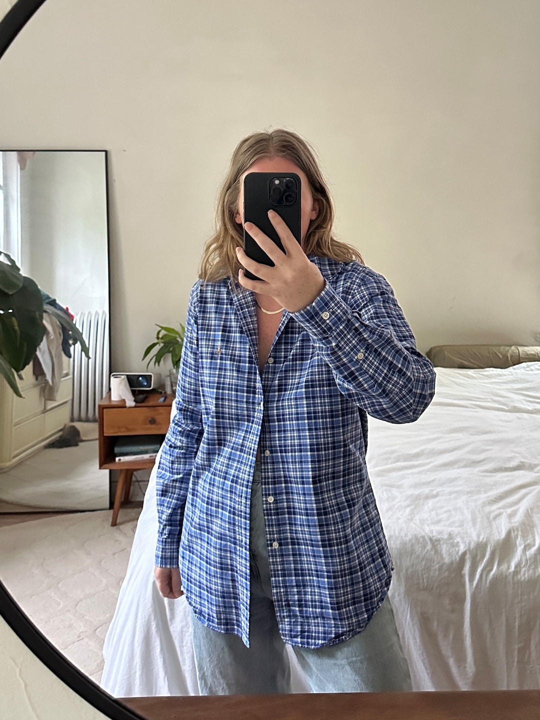 Vintage Ralph Lauren Blue Plaid Oxford Shirt: Oversized Button