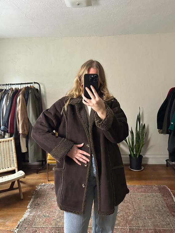 Vintage Shearling Coat Black Brown L XL