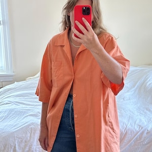 Vintage orange linen/ cotton short sleeve Button Down, oversized orange linen shirt, Oversized shirt, boyfriend shirt, short sleeve